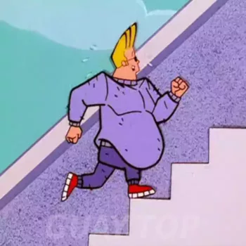 Johnny Bravo gordo haciendo ejercicio subiendo la escalinata