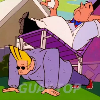 Johnny Bravo gordo haciendo flexiones contra el piso con pops sentado encima