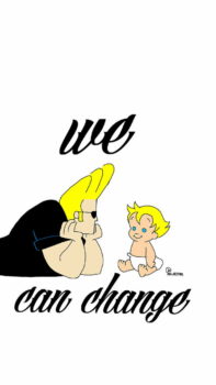 Johnny Bravo wallpaper de johnny con bebe y texto de nosotros podemos cambiar