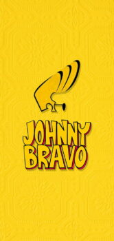 Wallpaper de Johnny Bravo bravo con el peinado de johnny y los lentes con el logotipo de la serie de caricatura y fondo amarillo