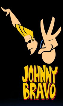 Wallpaper de Johnny Bravo caricatura con fondo negro y logotipo de la serie