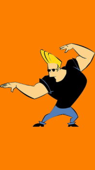 Wallpaper de Johnny Bravo caricatura en pose de pelea con fondo naranja